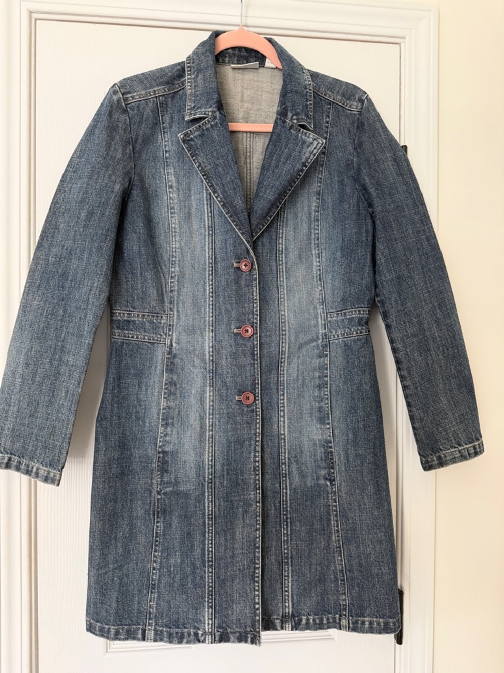 Halogen Long Denim Button-Coat in Medium Blue Wash EUC